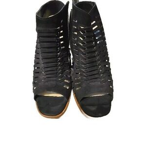 Paul Green  Sandals Black Woven Suede Open‎ Toed Wooden Heeled  Gladiator Size 7